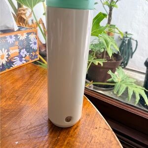 Cream Starbucks Tall Travel Coffee Mug with Teal Top & Flip Back Snap Cover 16oz